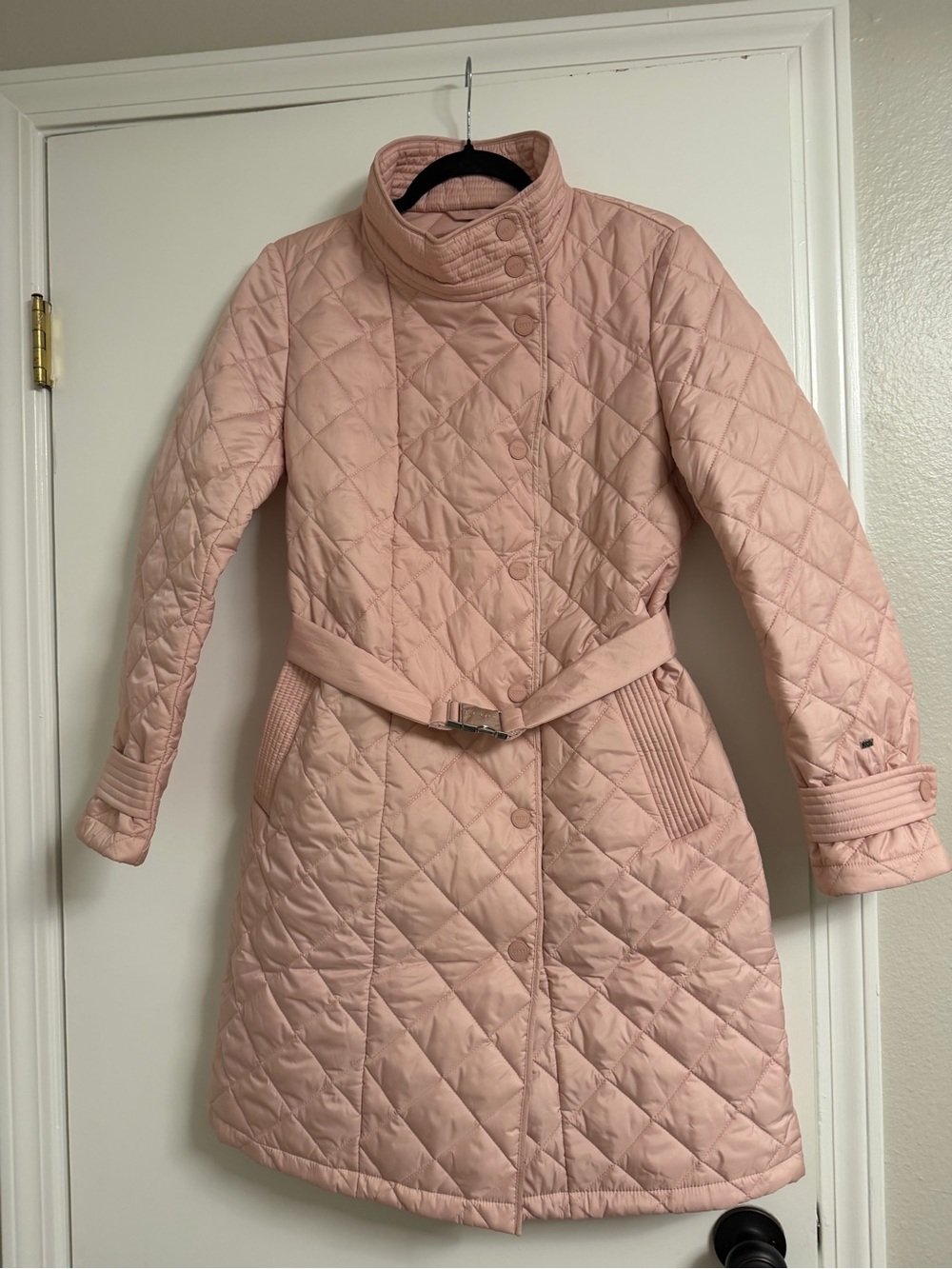 DKNY Quilted Belted Puffer Coat in Light Pink